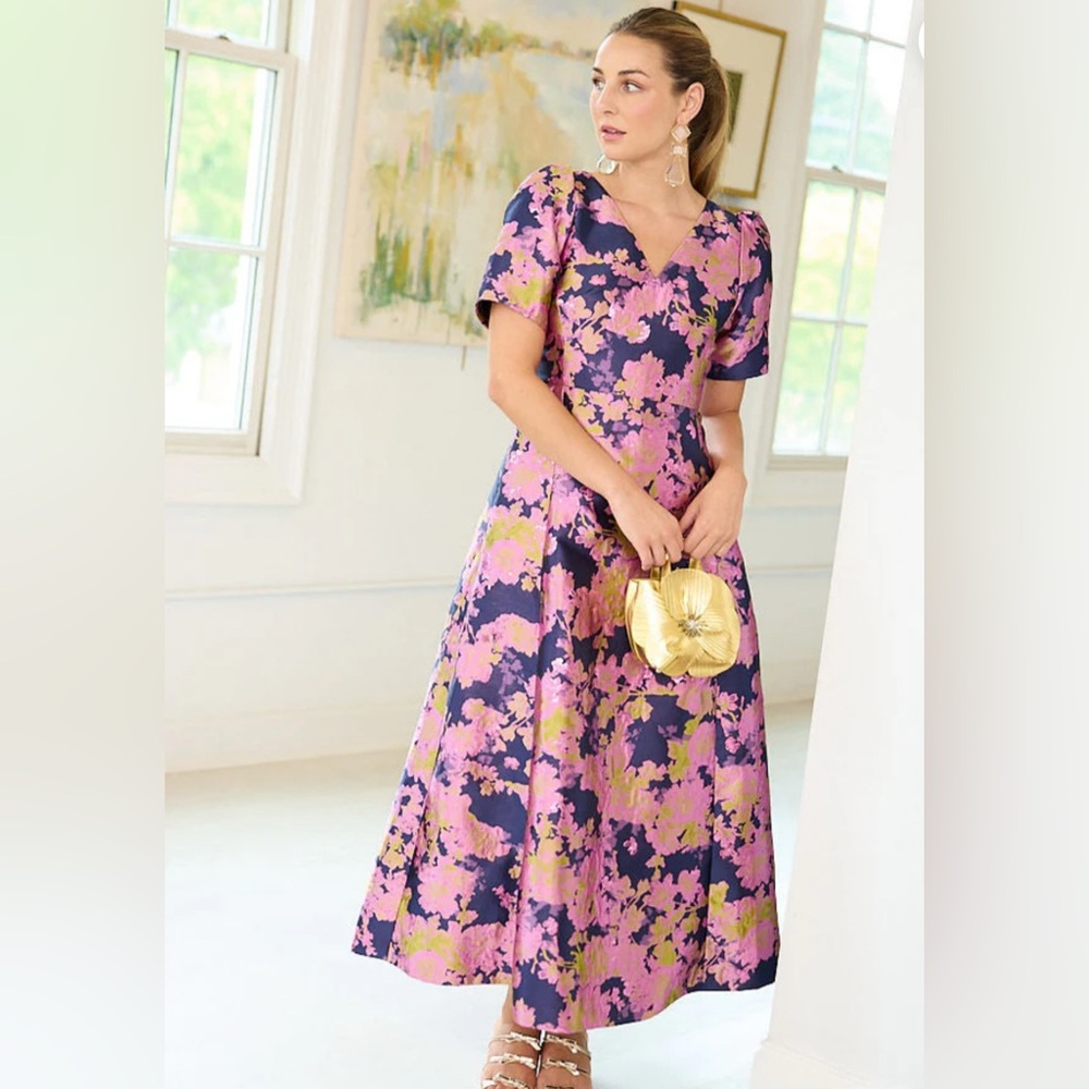 Abbey Glass Arden Gown Navy Abstract Brocade Dress New $395